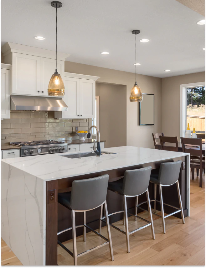 modern kitchen with pendant lights